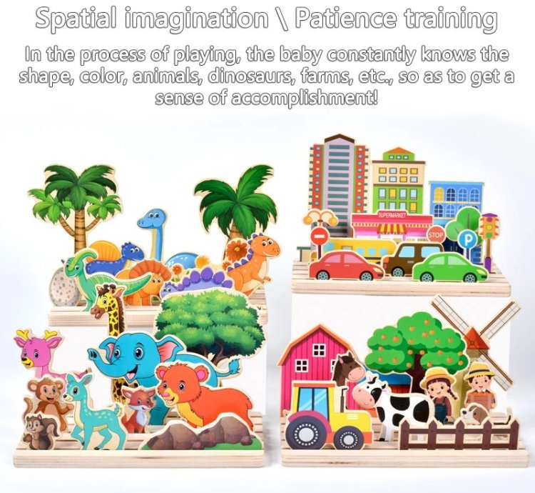 Kids Wooden Logical Thinking Game Farm Animal Scene Puzzles Build Matching Game