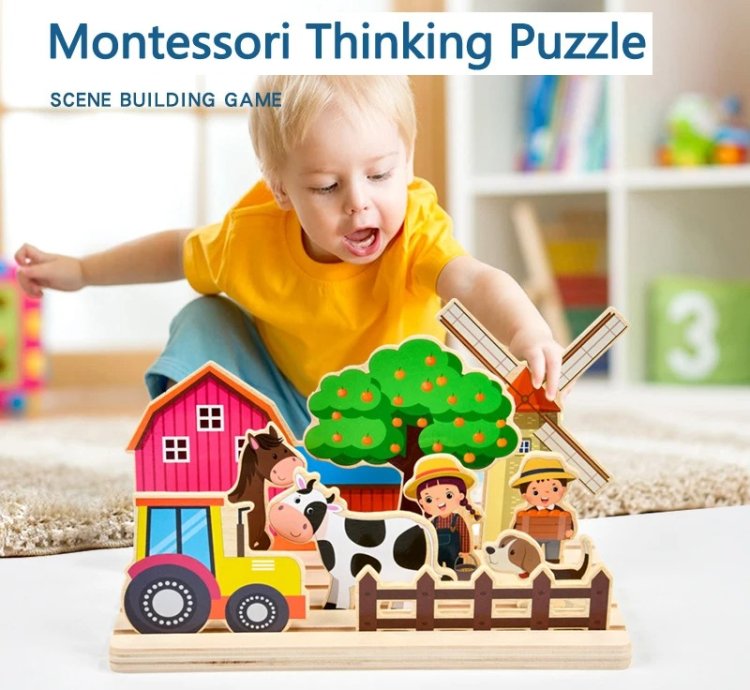 Kids Wooden Logical Thinking Game Farm Animal Scene Puzzles Build Matching Game