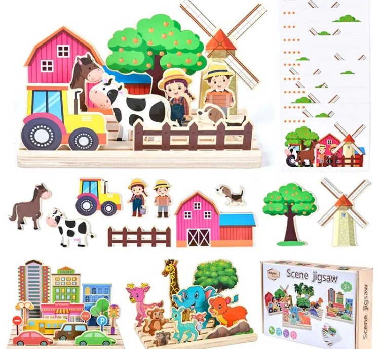 Kids Wooden Logical Thinking Game Farm Animal Scene Puzzles Build Matching Game