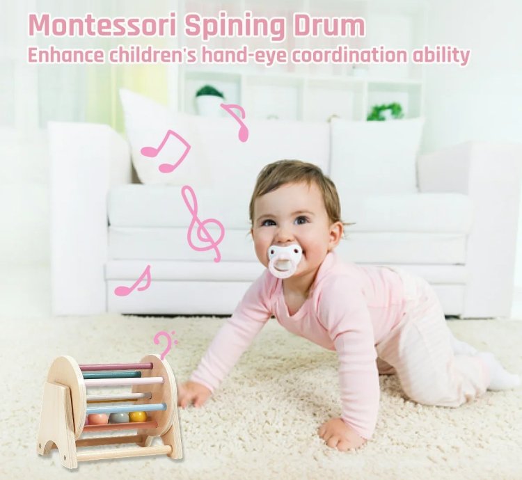 Montessori Wooden Rolling Drum Set - Colorful Educational Toys with Puzzle Balls