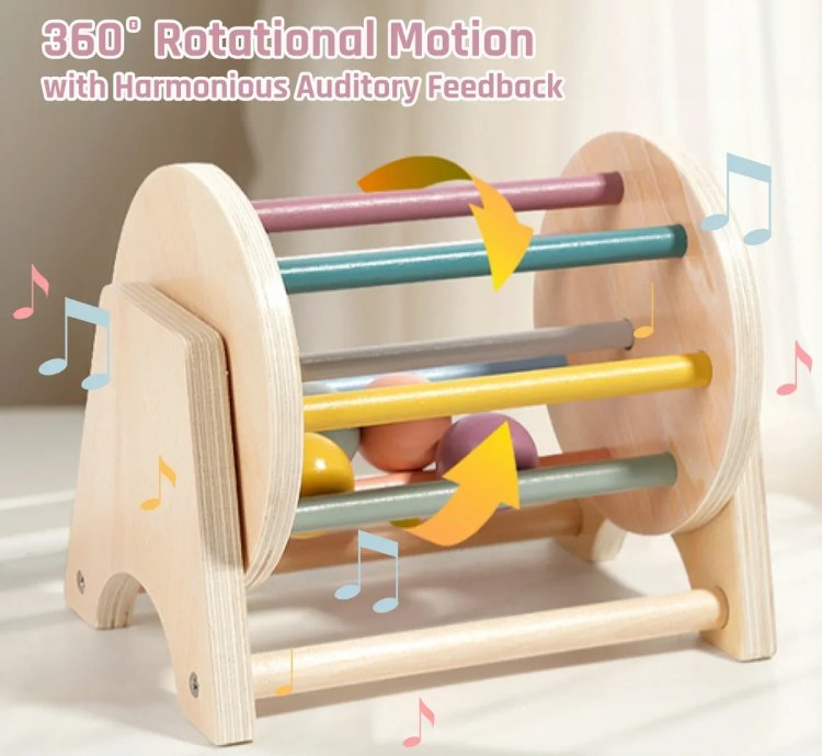Montessori Wooden Rolling Drum Set - Colorful Educational Toys with Puzzle Balls