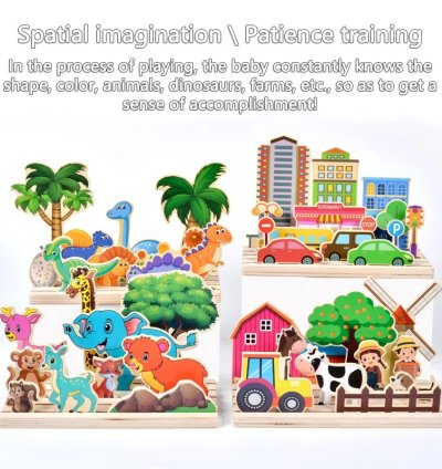 Kids Wooden Logical Thinking Game Farm Animal Scene Puzzles Build Matching Game