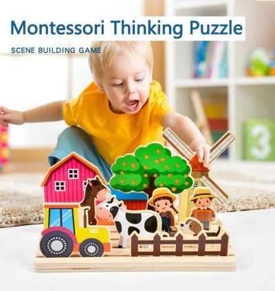 Kids Wooden Logical Thinking Game Farm Animal Scene Puzzles Build Matching Game