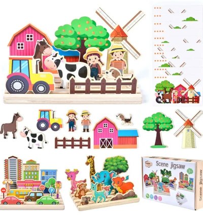 Kids Wooden Logical Thinking Game Farm Animal Scene Puzzles Build Matching Game