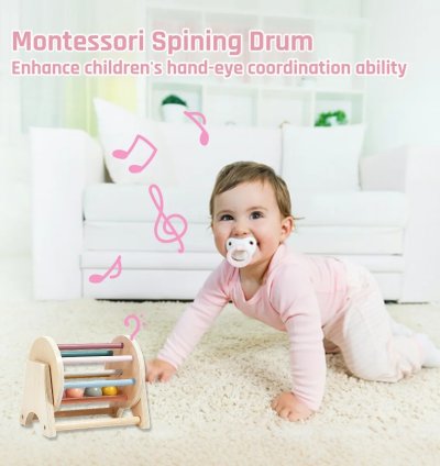 Montessori Wooden Rolling Drum Set - Colorful Educational Toys with Puzzle Balls