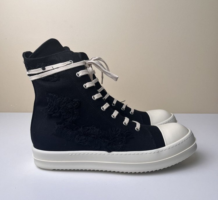 NEW Rick Owens Ramones High Slashed Denim Black Milk