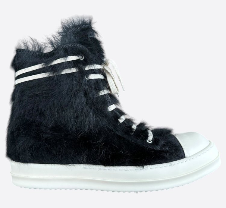 Rick Owens Black White Ponyhair High Top Sneakers