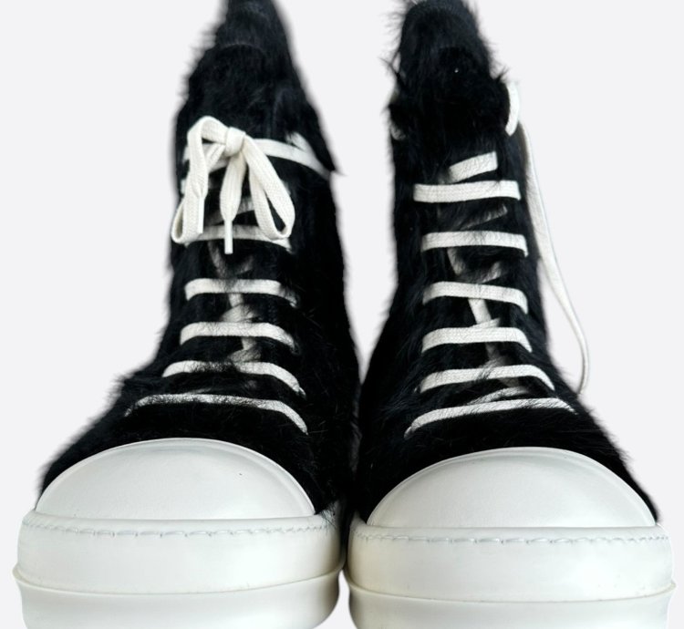 Rick Owens Black White Ponyhair High Top Sneakers