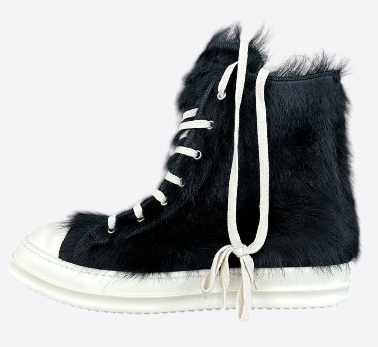Rick Owens Black White Ponyhair High Top Sneakers
