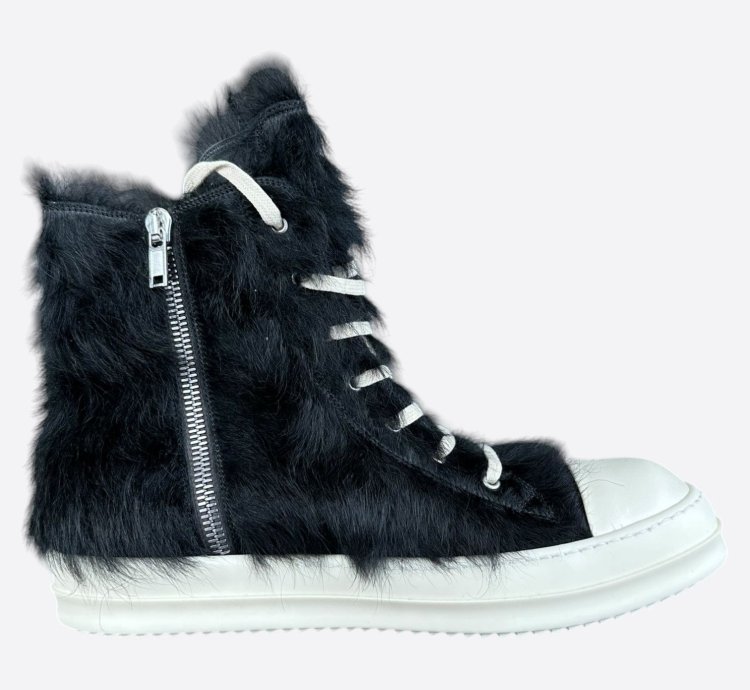 Rick Owens Black White Ponyhair High Top Sneakers
