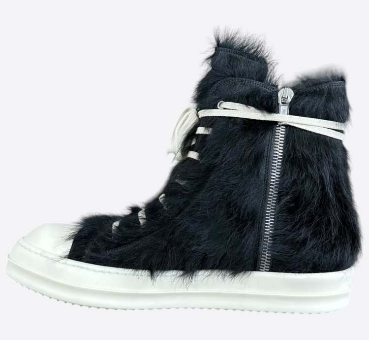 Rick Owens Black White Ponyhair High Top Sneakers