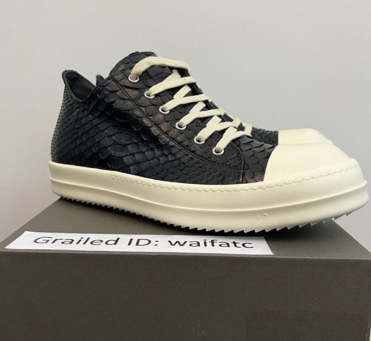 RICK OWENS LEATHER PYTHON BLACK MILK RAMONES LOW SNEAKERS