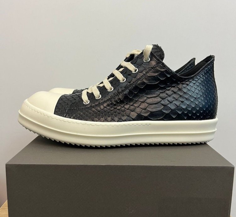 RICK OWENS LEATHER PYTHON BLACK MILK RAMONES LOW SNEAKERS