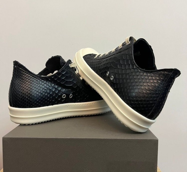 RICK OWENS LEATHER PYTHON BLACK MILK RAMONES LOW SNEAKERS