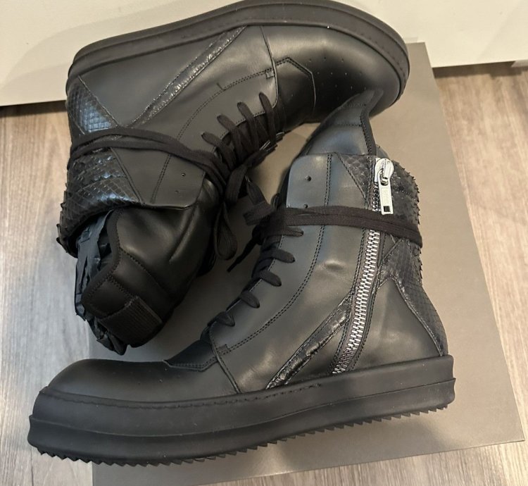 Rick Owens Python Leather Geobaskets Triple Black Size 42