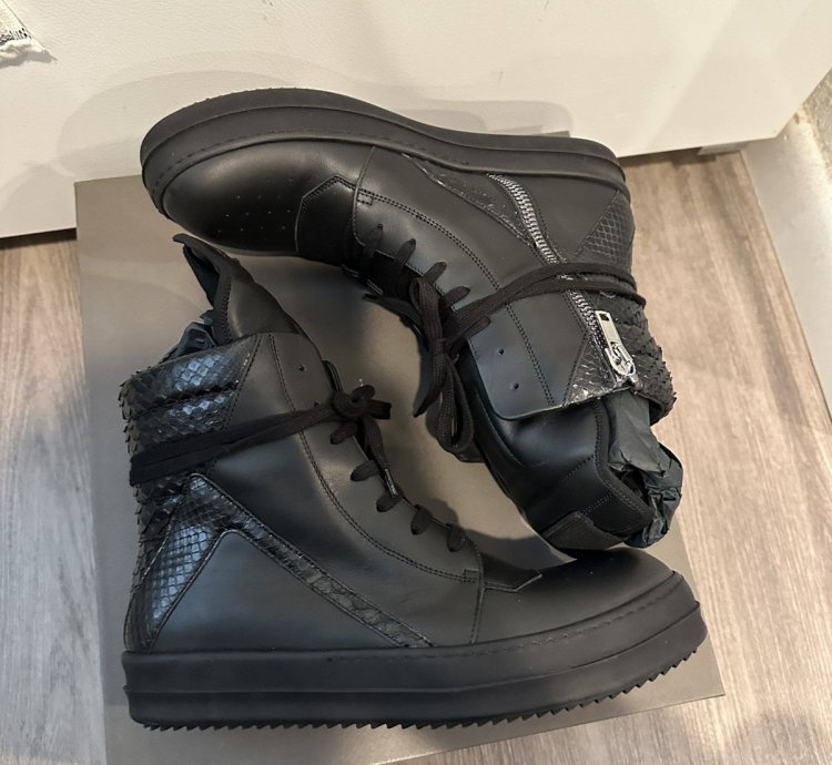 Rick Owens Python Leather Geobaskets Triple Black Size 42