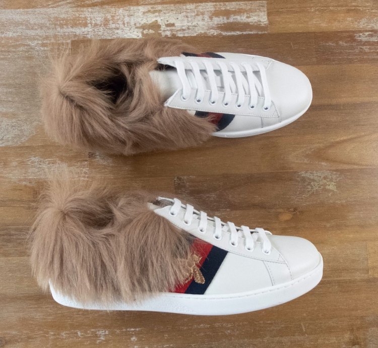 910 GUCCI Ace white lamb fur bee sneakers - 8 5 US 8 UK