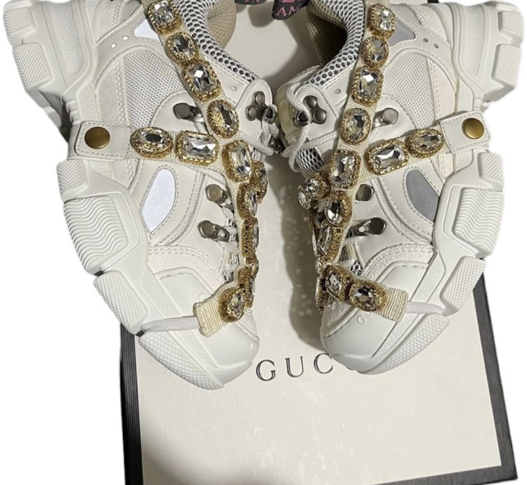 Fits (3-3 5 Mens) Gucci Flashtrek Crystals White Gold Pink