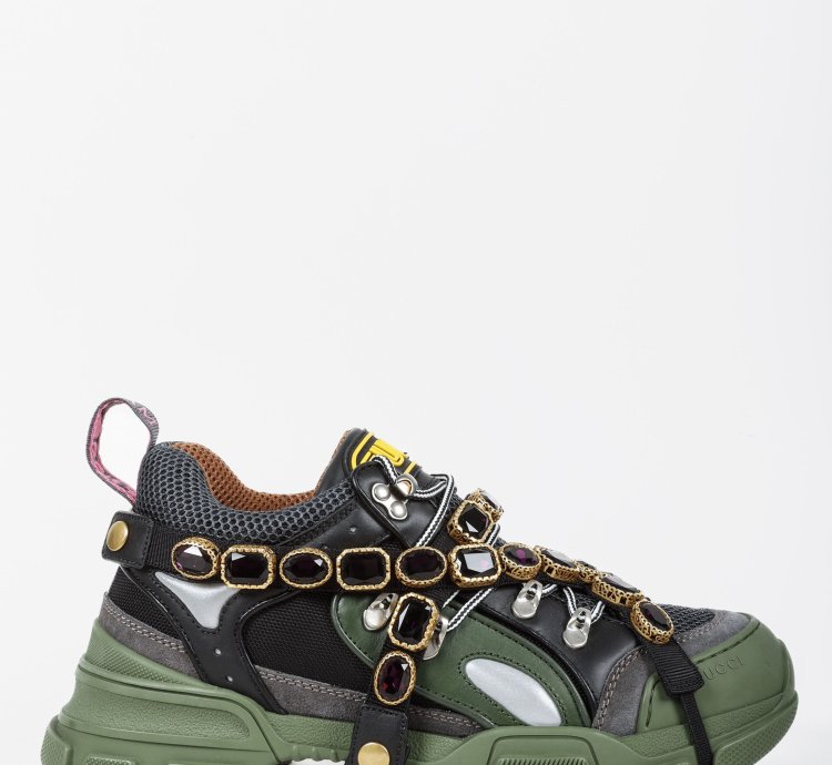 Gucci Flashtrek Crystal Black and Green Leather Sneakers