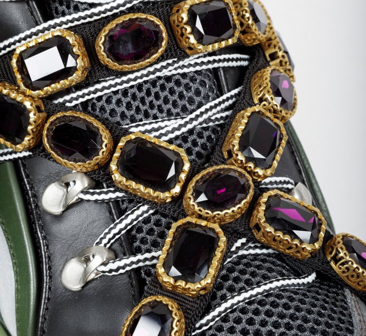 Gucci Flashtrek Crystal Black and Green Leather Sneakers