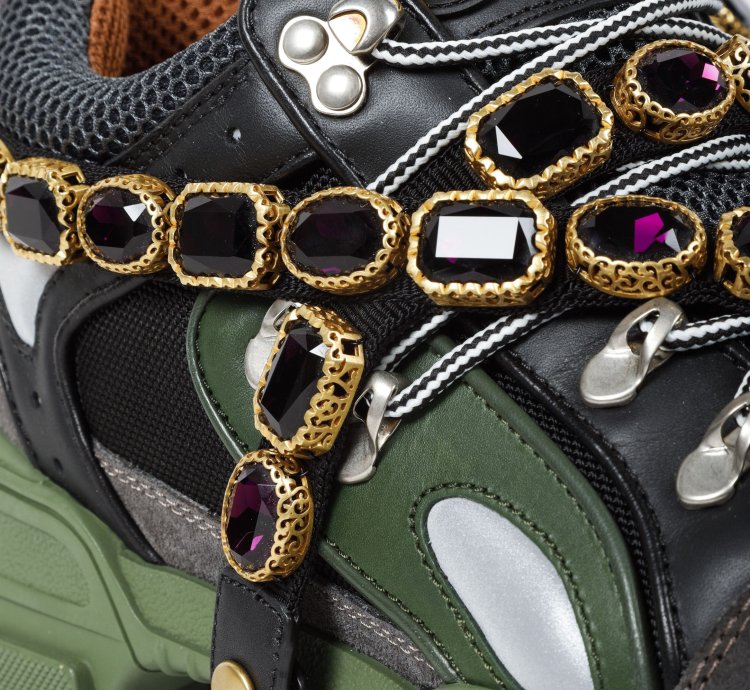 Gucci Flashtrek Crystal Black and Green Leather Sneakers