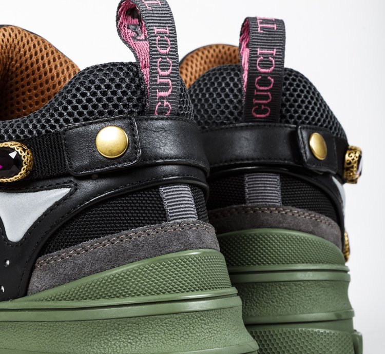 Gucci Flashtrek Crystal Black and Green Leather Sneakers