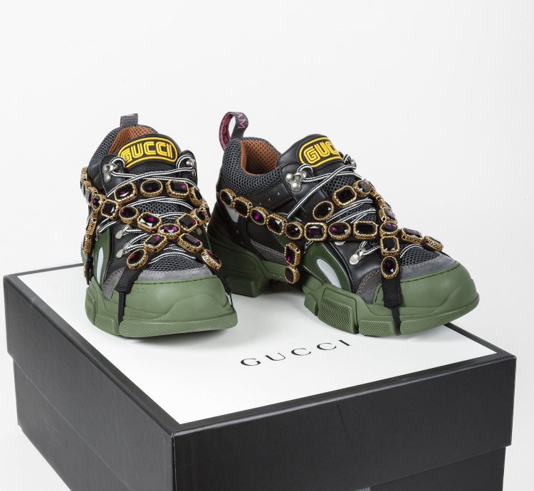 Gucci Flashtrek Crystal Black and Green Leather Sneakers