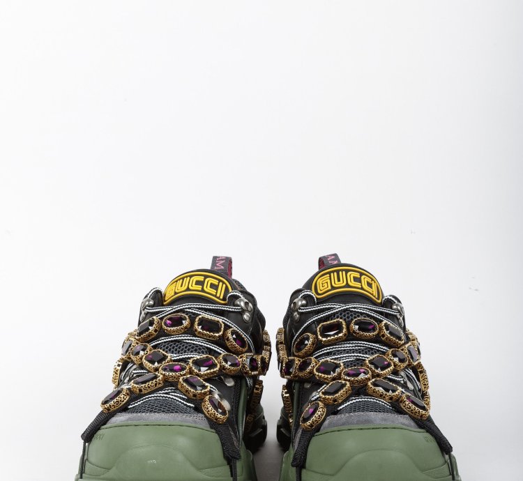 Gucci Flashtrek Crystal Black and Green Leather Sneakers