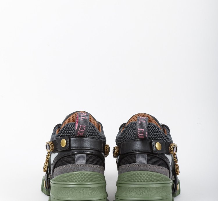 Gucci Flashtrek Crystal Black and Green Leather Sneakers
