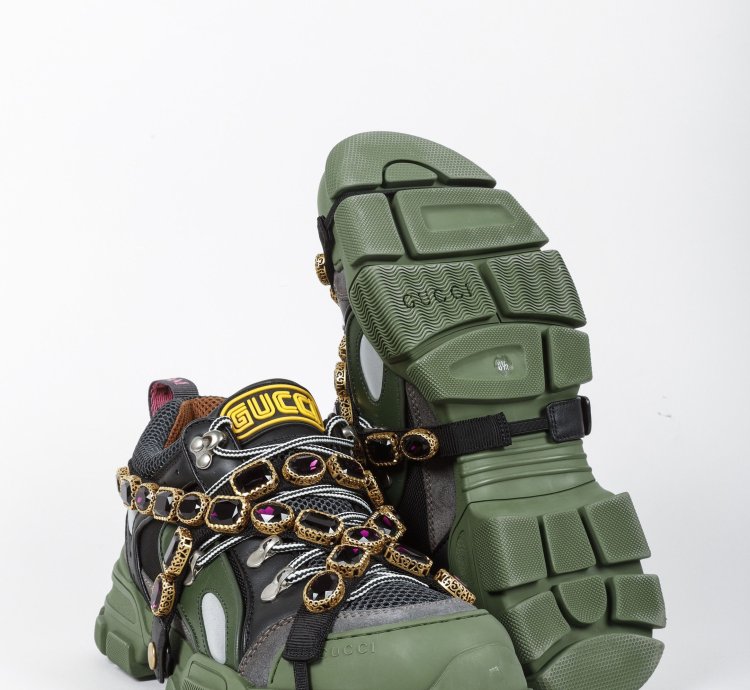 Gucci Flashtrek Crystal Black and Green Leather Sneakers