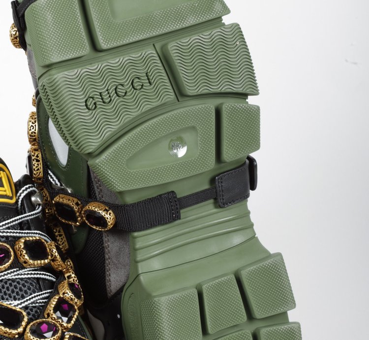 Gucci Flashtrek Crystal Black and Green Leather Sneakers