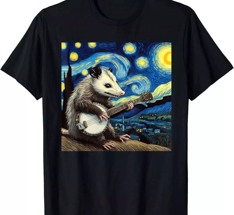 Opossum Possum Playing Banjo Starry Nights Funny T-Shirt Size S-5XL