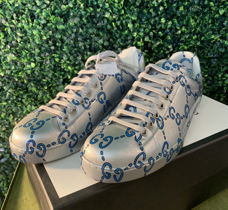Gucci silver blue wavy monogram ace sneakers