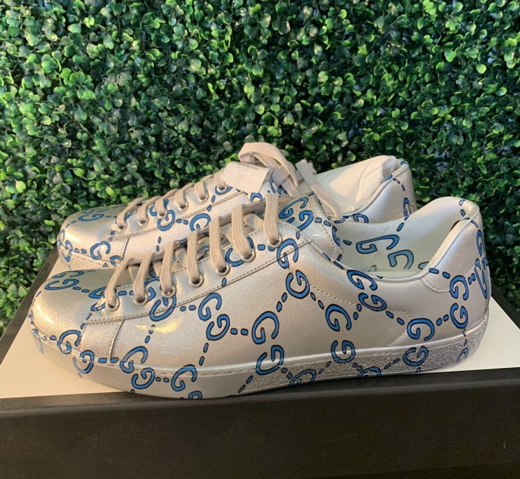Gucci silver blue wavy monogram ace sneakers