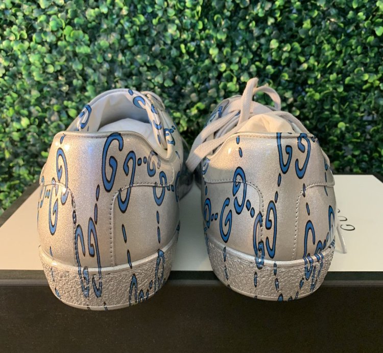 Gucci silver blue wavy monogram ace sneakers