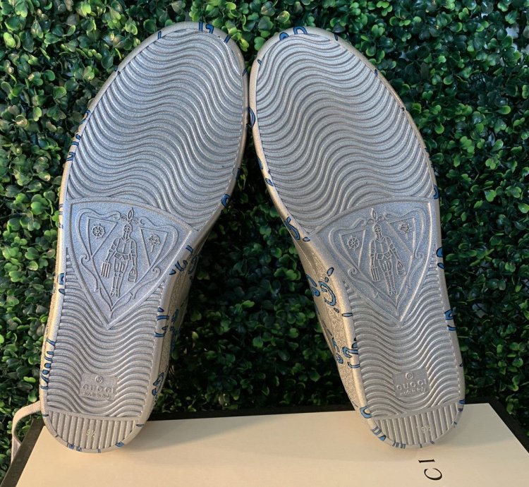 Gucci silver blue wavy monogram ace sneakers
