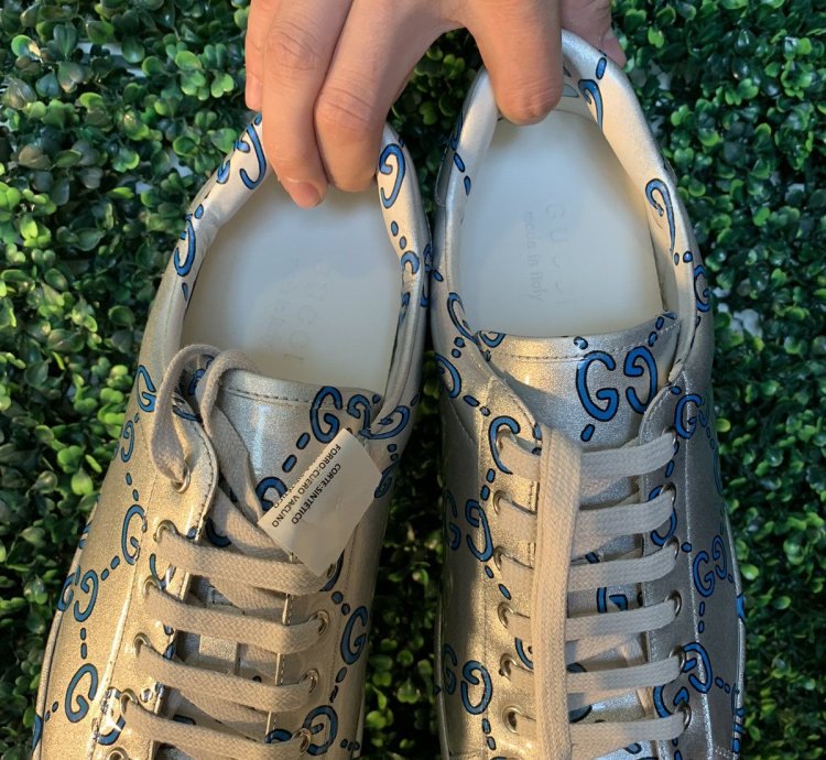 Gucci silver blue wavy monogram ace sneakers