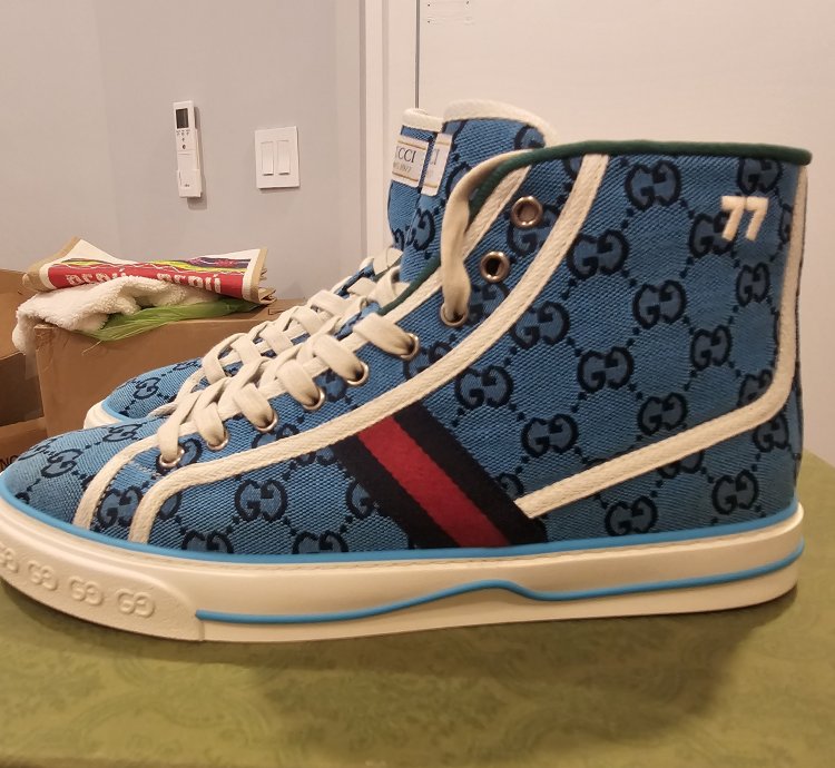 Gucci Tennis 1977 High Top Turquoise Navy Logo Monogram Sz 9