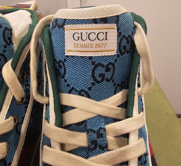 Gucci Tennis 1977 High Top Turquoise Navy Logo Monogram Sz 9