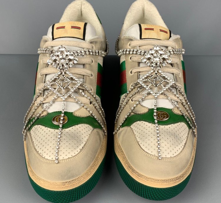 Off White Green Distressed Leather Crystal Screener Sneakers