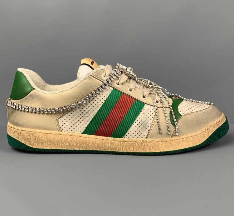 Off White Green Distressed Leather Crystal Screener Sneakers