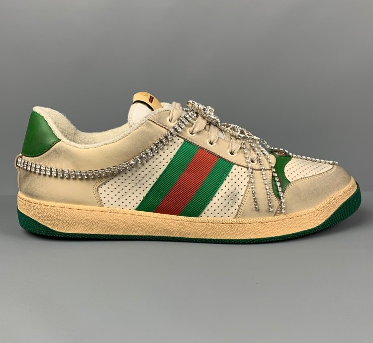 Off White Green Distressed Leather Crystal Screener Sneakers