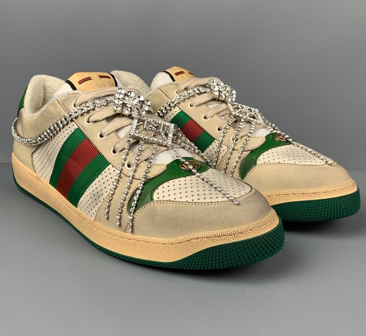 Off White Green Distressed Leather Crystal Screener Sneakers