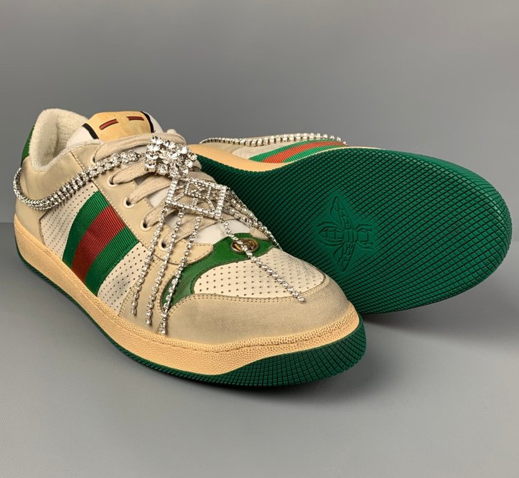Off White Green Distressed Leather Crystal Screener Sneakers