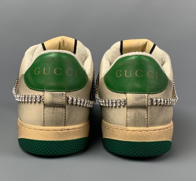 Off White Green Distressed Leather Crystal Screener Sneakers