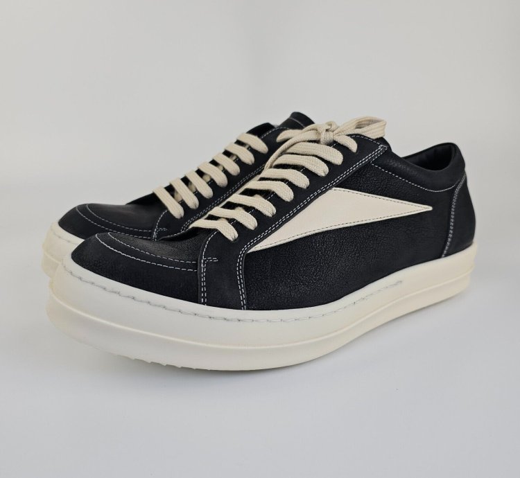 Rick Owens Vintage Black Grained Leather Sneakers New 42 5