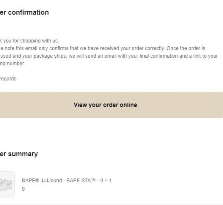 Bape JJJJound Bape Sta Size 9 CONFIRMED ORDER