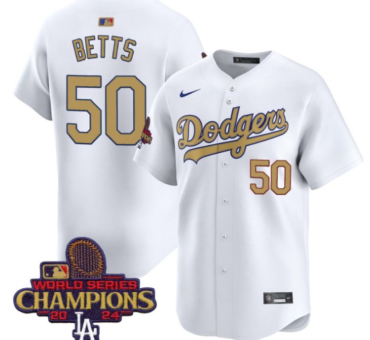 Mookie Betts Jersey #50 Dodgers 2025 Gold Vapor Premier Stitched White