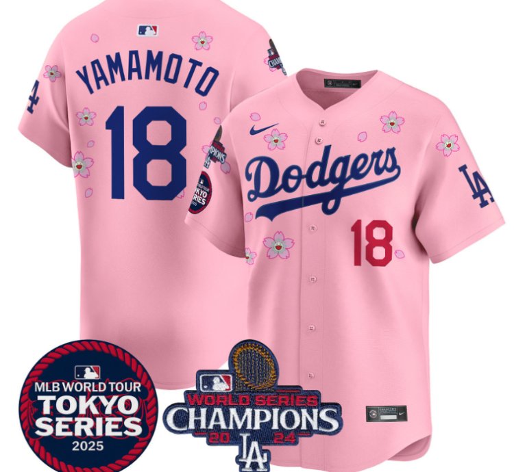Yamamoto Jersey #18 Dodgers Tokyo Series 2025 World Series Champions Patch Cherry Blossom