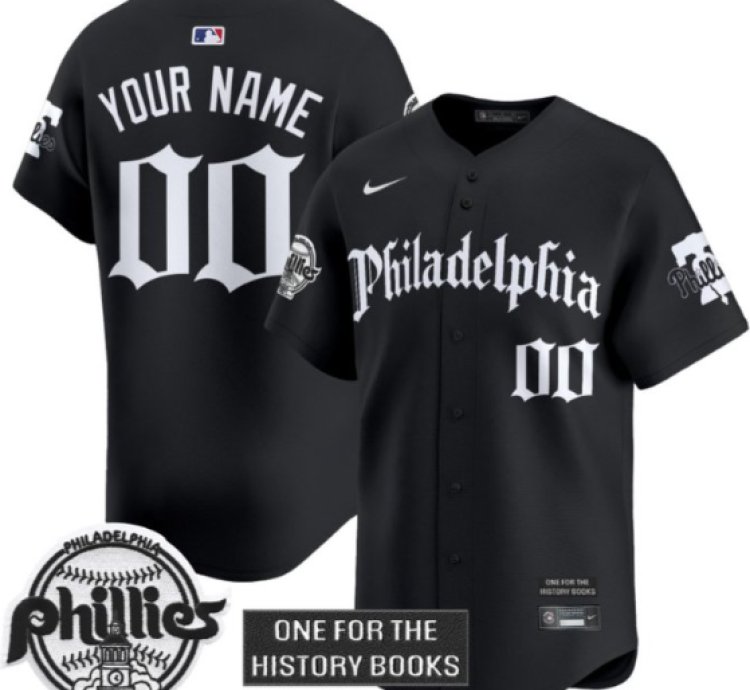 Custom Phillies Jersey Retro Newspaper Edition Vapor Premier Limited Stitched Black